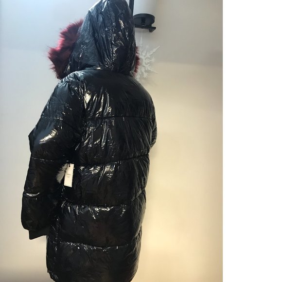 F21 PLUS SIZE black shiny hooded puffer parka coat jacket burgundy red fox fur - Picture 3 of 9